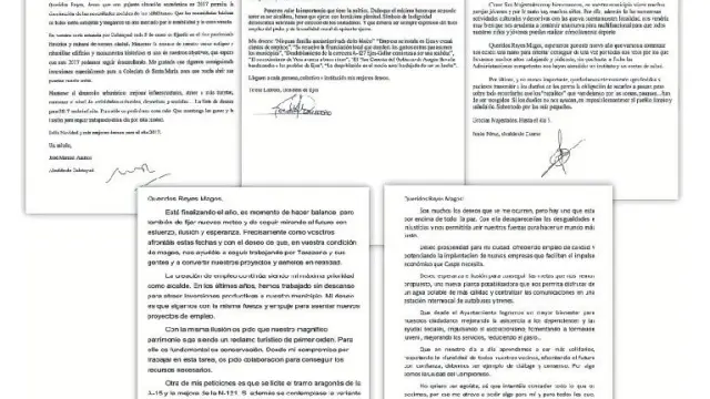Cartas de los alcaldes de Calatayud, Ejea de los Caballeros, Cuarte de Huerva, Tarazona y Caspe a los Reyes Magos.