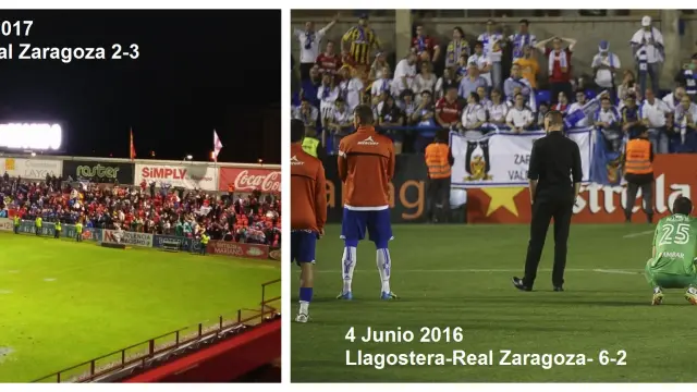 Los jugadores del Real Zaragoza, tras salir de los vestuarios cinco minutos después de acabar el partido. A la izda., el sábado en El Alcoraz de Huesca. A la dcha. en Palamós frente al Llagostera en pasado mes de junio.