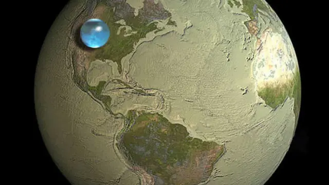 Recreación del volumen que ocupa el agua de la Tierra en comparación con el del planeta entero.