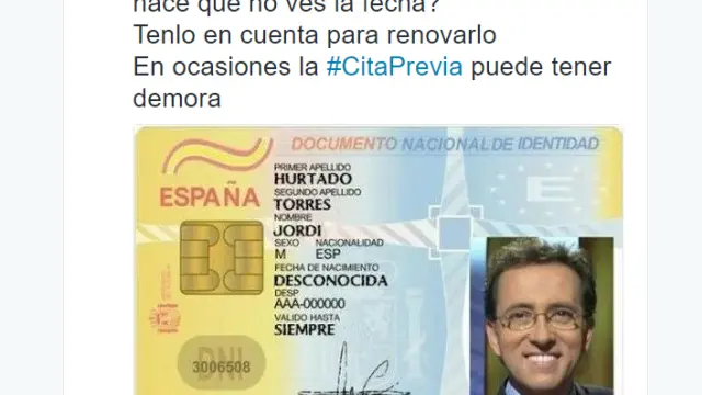 El 'tuit' de la Guardia Civil sobre Jordi Hurtado para animar a renovar el DNI.