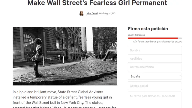Imagen de la página de Change.org que pide que la 'Niña sin miedo' permanezca en Wall Street.