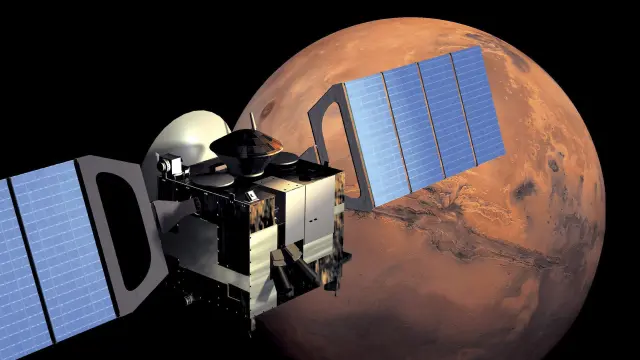 La sonda Mars Express, con Marte al fondo.