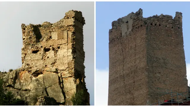 El castillo de Arándiga, antes y después de los trabajos de restauración.