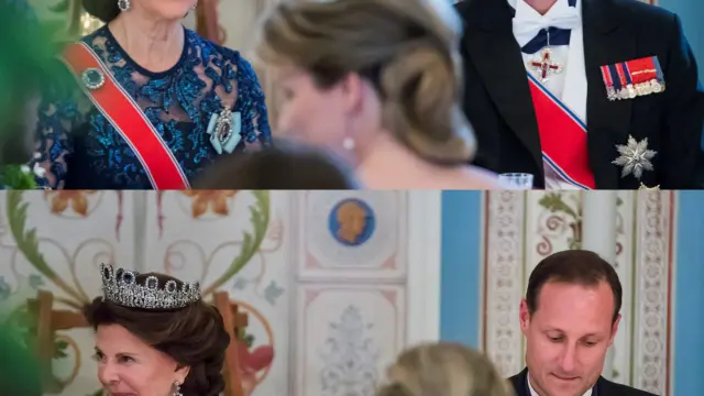 Las dos imágenes muestran el cambio de aspecto del príncipe Haakon en la cena por el 80 cumpleaños de sus padres.