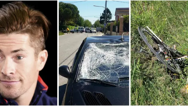Foto de archivo de Hayden y otras de cómo quedó el coche y la bicicleta tras el atropello.