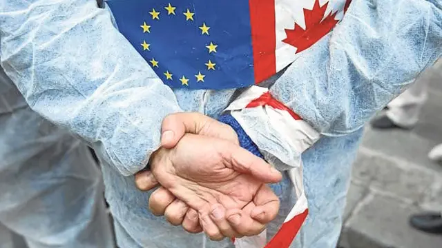Detalle de un participante en una de las numerosas movilizaciones sociales que se han realizado en toda Europa contra el tratado con Canadá.