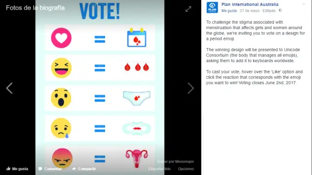 Facebook de la ONG australiana Plan International, donde los usuarios pueden votar su 'emoji' preferido.