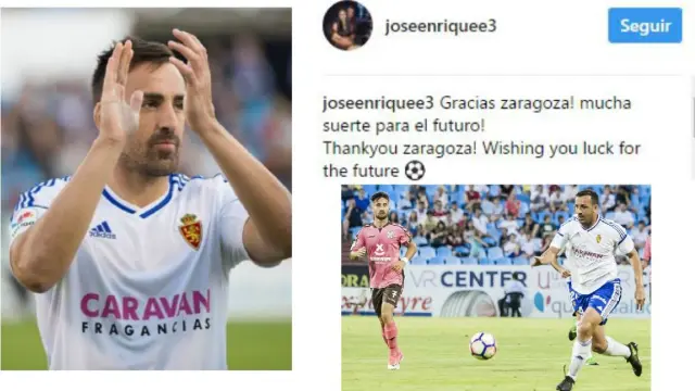El mensaje en Twitter de José Enrique, junto a la fotografía que él cuelga en su red social (aplaudiendo). Abajo a la dcha., una jugada del defensor valenciano en el último partido de la liga, ante el Tenerife en La Romareda.