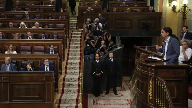 Iglesias, en el uso de la palabra durante el debate de la moción de censura.