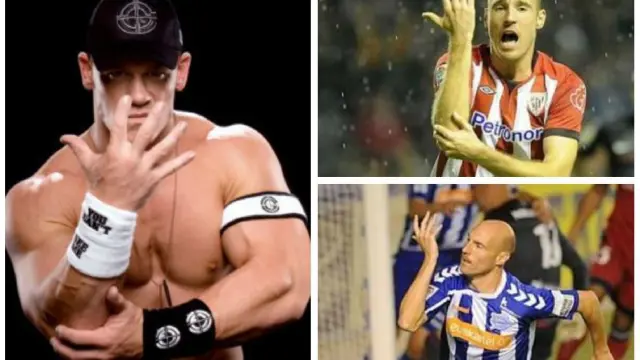 A la izquierda, el luchador estadounidense John Cena, creador del gesto que utiliza Toquero tras marcar sus goles en la celebración posterior (imágenes de la dcha. en el Athletic de Bilbao y, recientemente, en el Alavés).