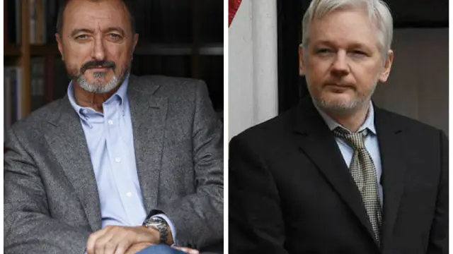 Un combo de fotos del escritor Arturo Pérez-Reverte y del fundador de la web WikiLeaks, Julian Assange.