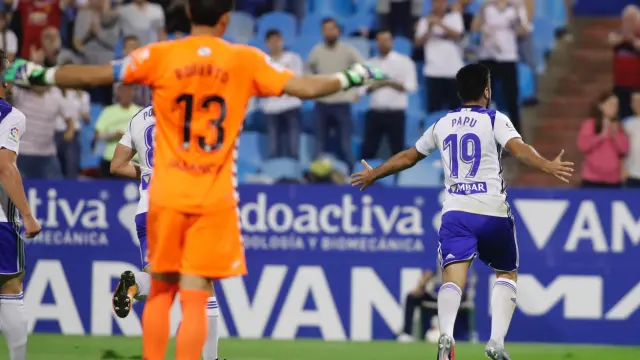 Papunashvili celebra el gol del triunfo frente al Lugo en la Copa del Rey.