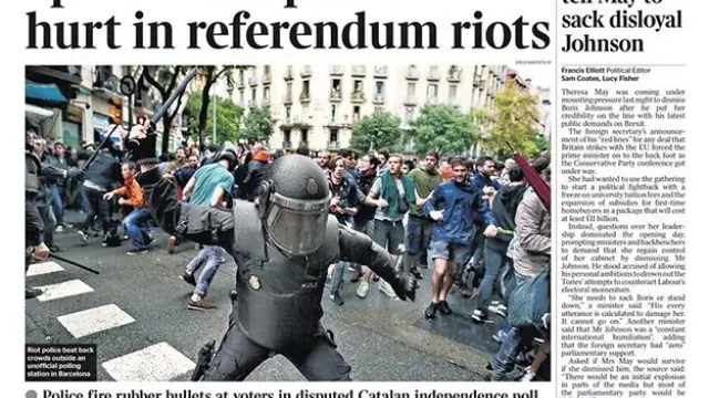 Portada de The Times: España desgarrada por los 850 heridos en los disturbios del referéndum