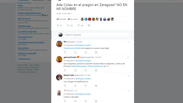 Indignación en Twitter por la visita de Ada Colau a Zaragoza el día del pregón