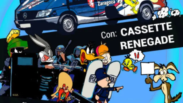 En el cartel aparece una furgoneta de la UAPO de la Policía Local decorada con dibujos animados, al igual que el crucero donde se alojaban miembros de las fuerzas de seguridad en Barcelona.