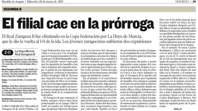 Crónica de HERALDO DE ARAGÓN del partido La Hoya Lorca-Zaragoza B de hace 4 años y medio.