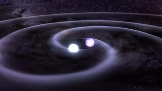Recreación de la fusión de dos estrellas de neutrones y las ondas gravitacionales que producen