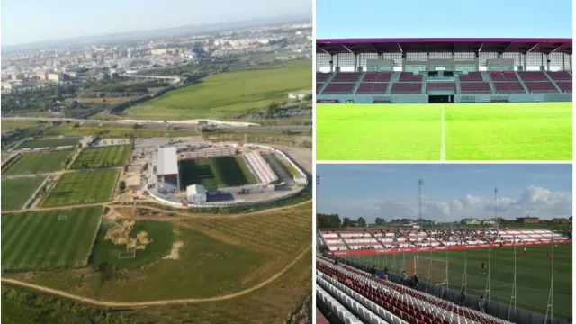 Diferentes vistas del nuevo estadio 'Viejo Nervión', en la Ciudad Deportiva del Sevilla FC, donde juega su filial desde agosto y donde lo hará el Real Zaragoza este sábado.