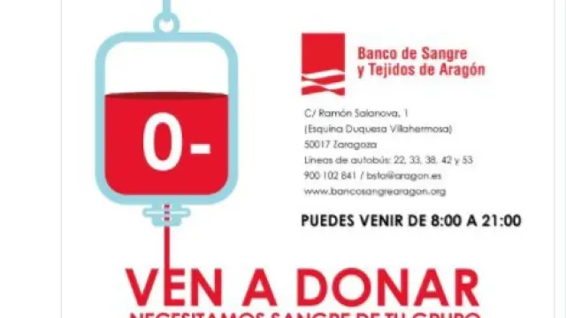 El Banco de Sangre de Aragón llama a donar del grupo 0 negativo