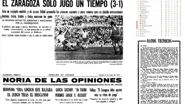 Recortes de HERALDO DE ARAGÓN con la información del último Real Zaragoza-Cultural Leonesa jugado en La Romareda, en mayo de 1975.