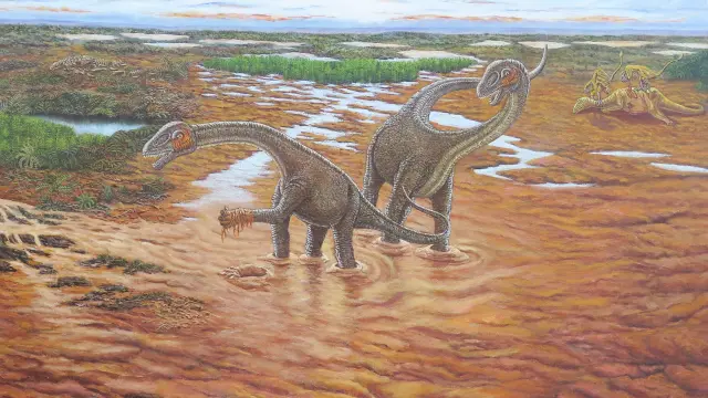 Reconstrucción del paisaje de Utah en el Cretácico Temprano basada en la información del yacimiento Doelling's Bowl: Mierasaurus (en el centro), Iguanocolossus y Yurgovuchia (a la derecha) y un esqueleto de anquilosaurio (a la izquierda).