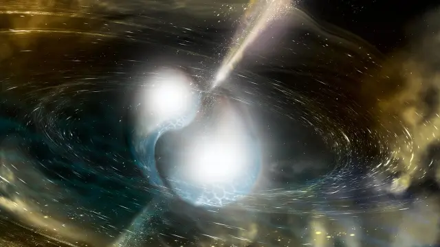 Ilustración de dos estrellas de neutrones en el momento de fusión. Los haces de luz representan los estallidos de rayos gamma