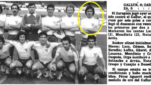 A la izda., una alineación del Deportivo Aragón de la temporada 1978-79, con Lasaosa de pie, a la derecha. Junto a él, Dani Leoz, Pisa, Vitaller, Arjol y Casajús. Y agachados, Ríos, Belanche, Lafuente, Dieste y Orga. A la dcha. breve reseña en HERALDO DE ARAGÓN del amistoso que ganó el Real Zaragoza en Gallur por 0-6, con Lasaosa bigoleador en un equipo con Arrúa, Güerri, Nieves...