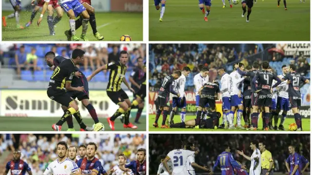 Fotografías de diferentes derbis entre Huesca y Real Zaragoza desde 2009, con distintos colores y matices en unos y otros, tanto en El Alcoraz como en La Romareda.