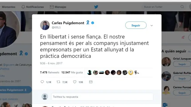 La publicación del expresidente de Cataluña, Carles Puigdemont.
