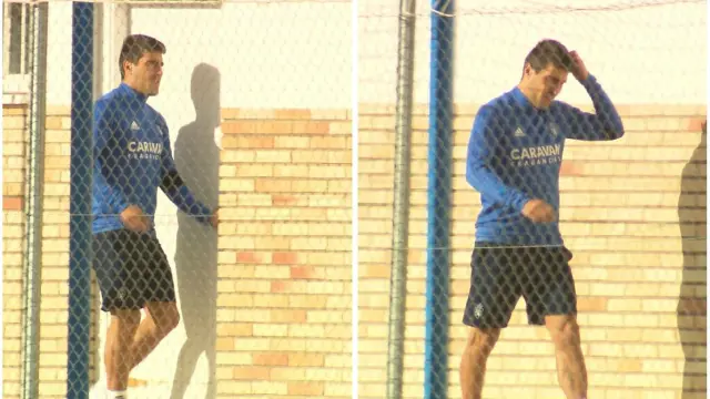 Dos imágenes del capitán del Real Zaragoza, Alberto Zapater, en el momento en el que ha acudido al despacho del entrenador, Natxo González.