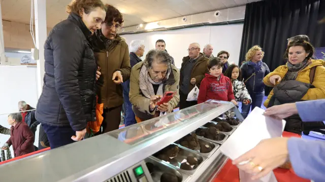El público contempla los ejemplares que han participado en el concurso de mayor tamaño y calidad de trufas en Sarrión