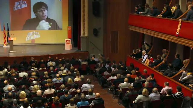 Puigdemont compareció este domingo por videoconferencia en un acto electoral en Mollerusa (Lérida).