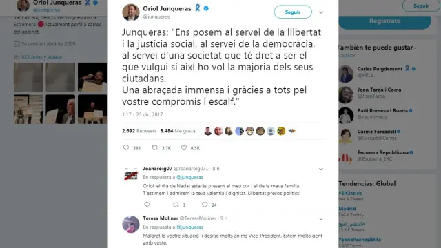 Tuit emitido por Oriol Junqueras tras las elecciones.