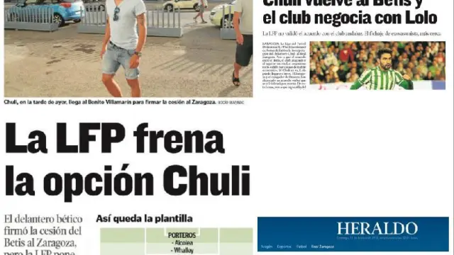 Informaciones de HERALDO DE ARAGÓN en los diferentes momentos en los que Chuli ha estado a punto de ser jugador del Real Zaragoza en los últimos 3 años.