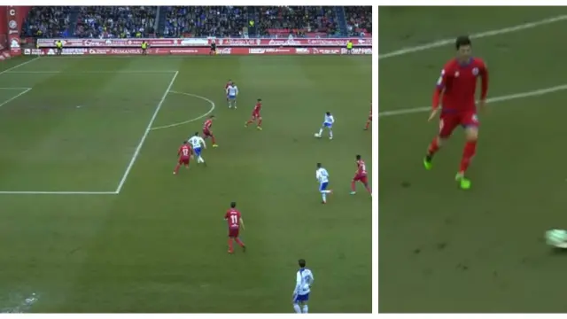 Momento exacto, en imagen general y primer plano, en el que Zapater ejecuta el pase de gol en el 1-2 del Real Zaragoza en Soria, que anotó Pombo en el minuto 78.