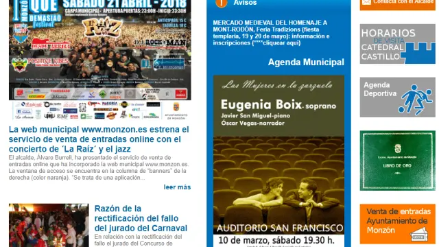 Página web del Ayuntamiento de Monzón a través de la que se pueden adquirir entradas online.