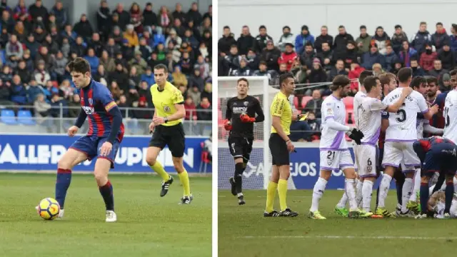 Dos momentos del partido Huesca-Numancia (2-1) que dirigió Santiago Varón Aceitón en El Alcoraz el pasado 14 de enero.