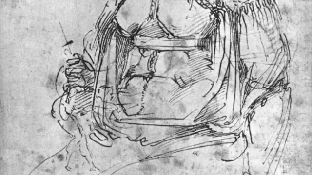 Fragmento del boceto en el que se puede ver la figura de Miguel Ángel inclinado hacia delante.