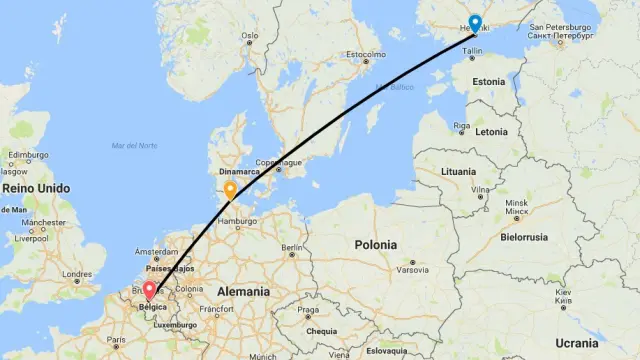 El recorrido previsto por Puigdemont desde su salida de Helsinki hasta Waterloo, que se ha visto interrumpido en Schuby (Alemania), donde ha sido detenido.