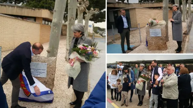 Christian Lapetra, la viuda de Javier Chirri -Viki- y los familiares y amigos, durante el acto de descubrimiento de la placa en memoria del fallecido coordinador de la cantera del Real Zaragoza durante década y media.