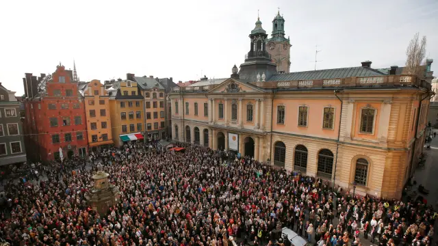 Manifestación a las puertas de la Academia Sueca el pasado 19 de abril.