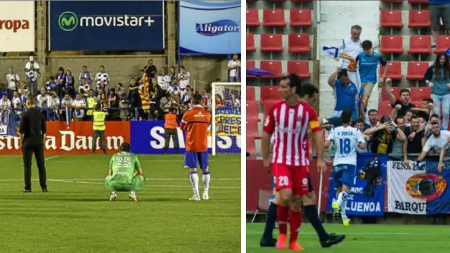 A la izquierda, los jugadores del Real Zaragoza tras la catástrofe del 6-2 de Palamós ante el Llagostera hace dos años. A la derecha, la euforia tras la remontada histórica en Gerona en la promoción de 2015. Dos de los raros episodios vividos en Cataluña en el último lustro.
