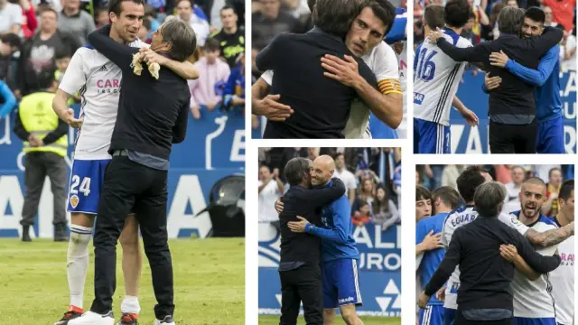 Natxo González, en varios momentos nada más concluir el Real Zaragoza-Sporting de Gijón del pasado sábado abrazando a Mikel González, Zapater, Verdasca, Toquero, Eguaras y Papunashvili.
