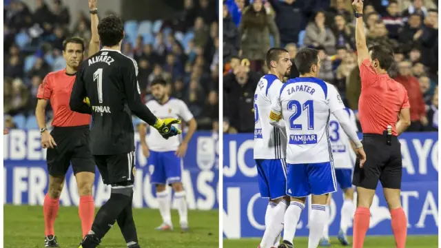 Los dos momentos en los que fueron expulsados Cristian Álvarez y Verdasca en el partido Real Zaragoza-Cádiz de la primera vuelta, en diciembre.