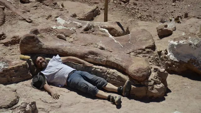 José Ignacio Canudo junto al fémur de Patagotitan, el dinosaurio más grande del mundo. El equipo participó en la excavación del ejemplar, encontrado en la Patagonia argentina.