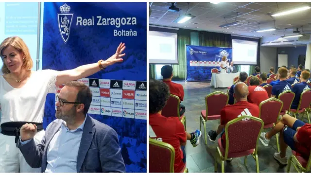 María del Carmen Lascasas y Fernando Sainz de Varanda, durante la charla impartida en Boltaña a la plantilla del Real Zaragoza y su cuerpo técnico (dcha.).
