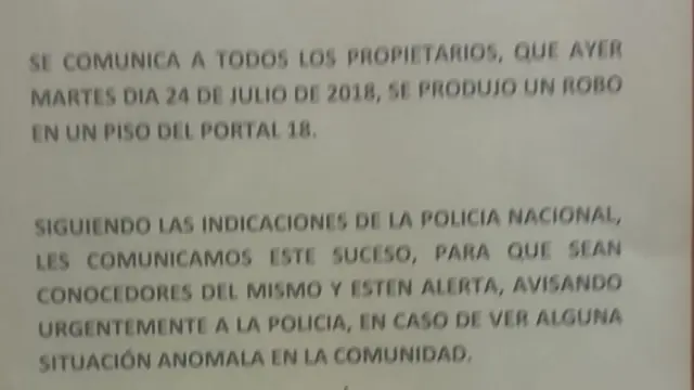 Nota de la Comunidad de vecinos de una urbanización del barrio del Actur alertando de los robos cometidos en las viviendas de la zona en las últimas semanas.
