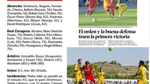 Ficha del partido Real Zaragoza-Alcorcón de hace 3 años en Calatayud, portada de la crónica de HERALDO DE ARAGÓN y fotografía del duelo, con el japonés Aria Hasegawa en pugna por un balón aéreo.