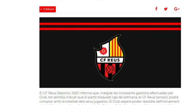Comunicado oficial del Reus asumiendo que no puede alinear ante el Real Zaragoza a 7 de sus jugadores titulares por problemas burocráticos de licencias.