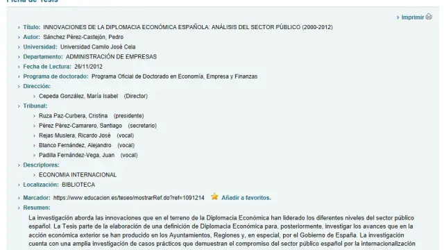 Ficha técnica de la tesis doctoral de Pedro Sánchez.